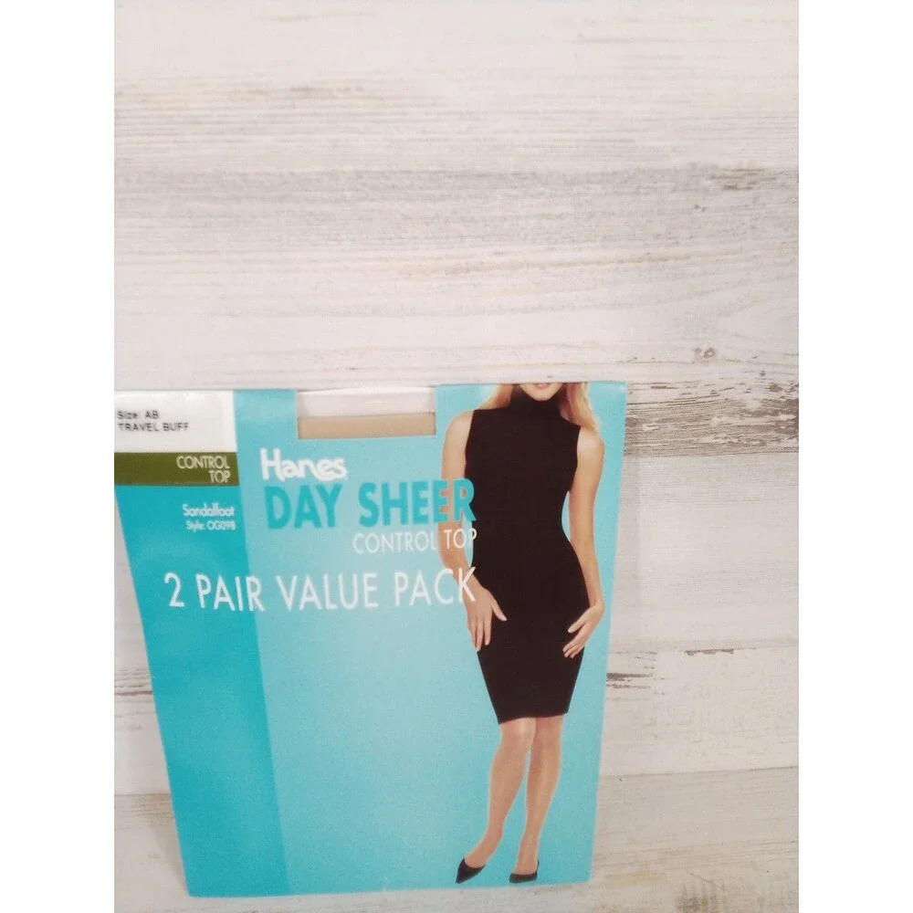 Hanes Day Sheer Control Top Sandalfoot Travel Buff Size AB pantyhose